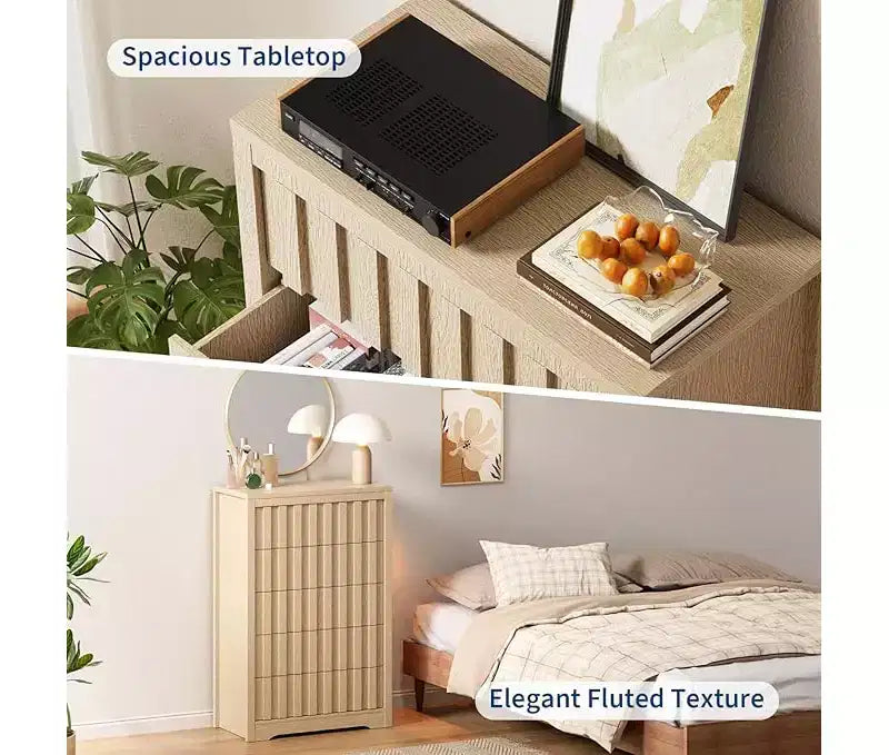 Commode de chambre à coucher avec 5 tiroirs, commode en bois de 120 cm de large, commode en bois pour TV, organisateur de rangement moderne, commodes modernes.