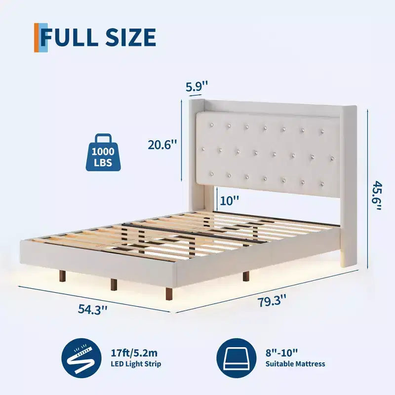 Lit flottant avec tête de lit capitonnée en velours et rangement pour chambre d'appartement, aucun sommier tapissier requis, silencieux