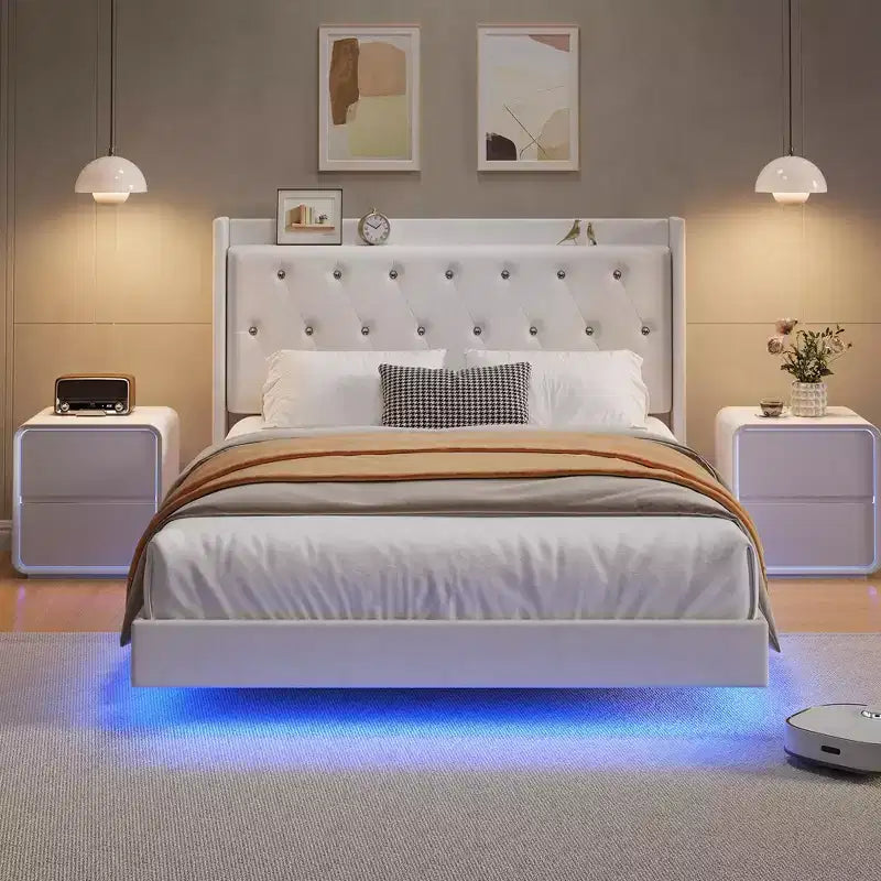 Lit flottant avec tête de lit capitonnée en velours et rangement pour chambre d'appartement, aucun sommier tapissier requis, silencieux
