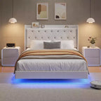 Lit flottant avec tête de lit capitonnée en velours et rangement pour chambre d'appartement, aucun sommier tapissier requis, silencieux