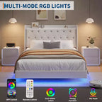 Lit flottant avec tête de lit capitonnée en velours et rangement pour chambre d'appartement, aucun sommier tapissier requis, silencieux