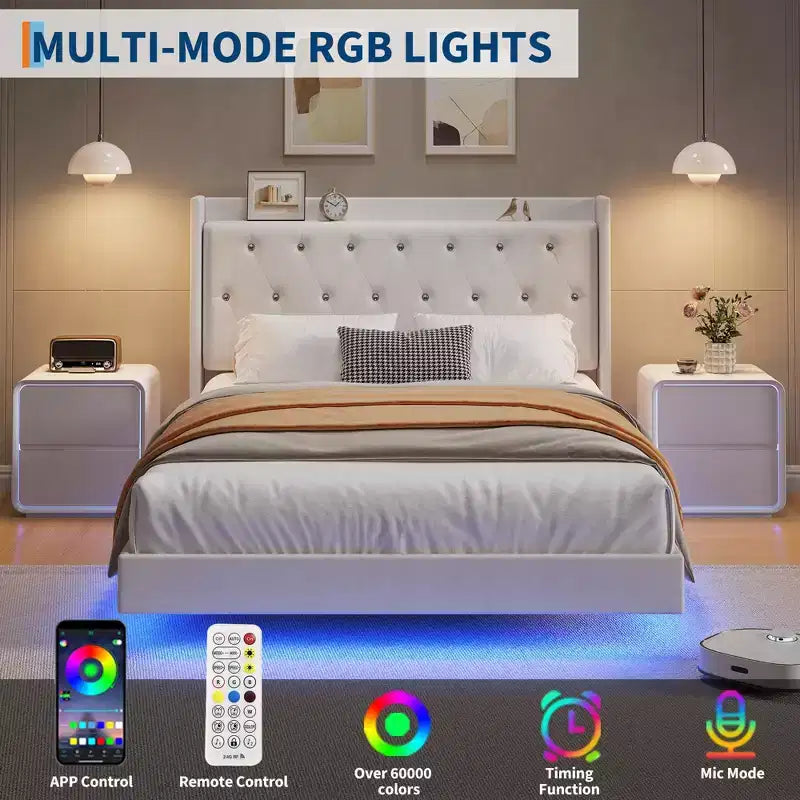 Lit flottant avec tête de lit capitonnée en velours et rangement pour chambre d'appartement, aucun sommier tapissier requis, silencieux