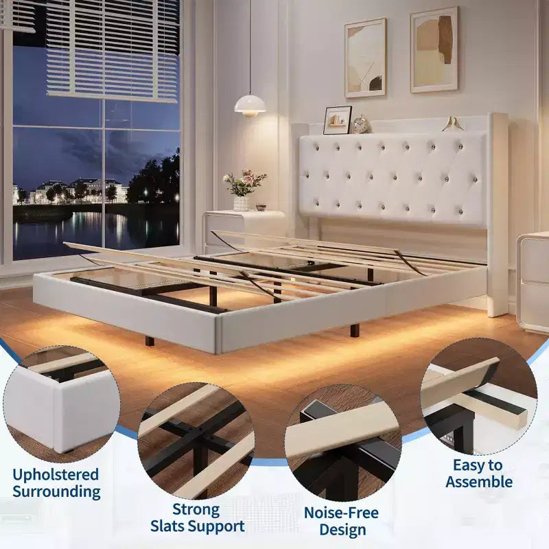 Lit flottant avec tête de lit capitonnée en velours et rangement pour chambre d'appartement, aucun sommier tapissier requis, silencieux