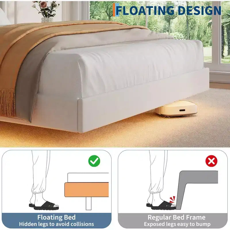 Lit flottant avec tête de lit capitonnée en velours et rangement pour chambre d'appartement, aucun sommier tapissier requis, silencieux