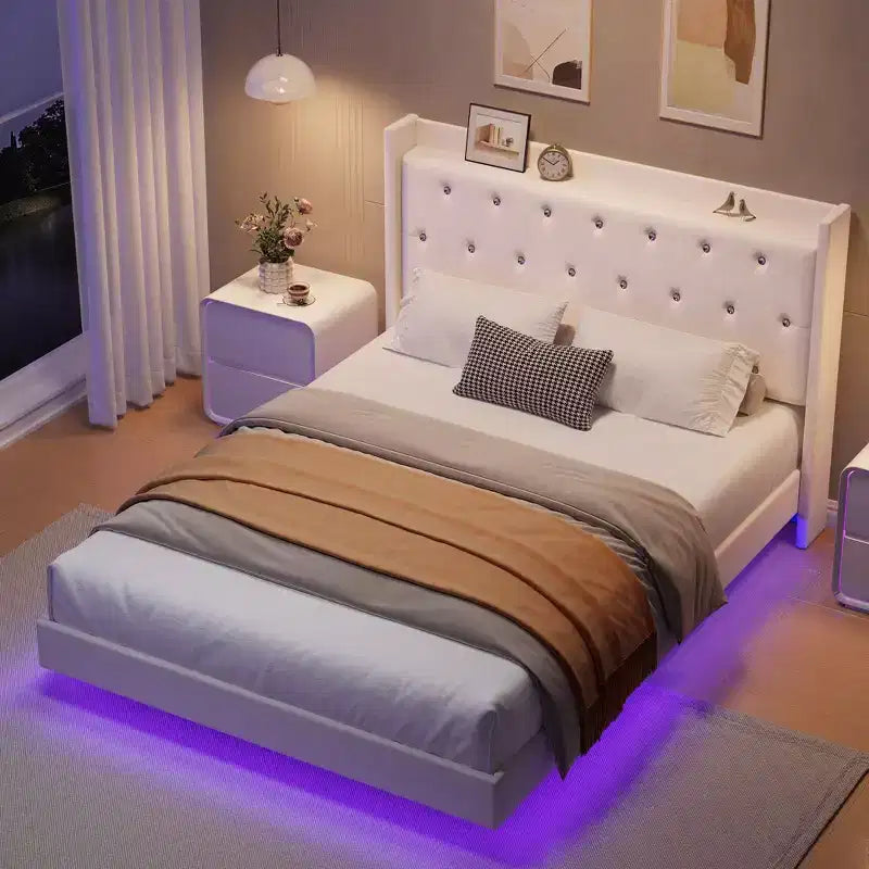Lit flottant avec tête de lit capitonnée en velours et rangement pour chambre d'appartement, aucun sommier tapissier requis, silencieux