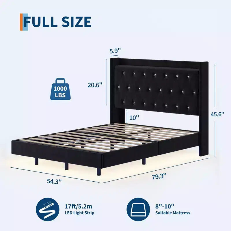 Lit flottant avec tête de lit capitonnée en velours et rangement pour chambre d'appartement, aucun sommier tapissier requis, silencieux