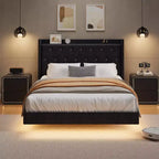 Lit flottant avec tête de lit capitonnée en velours et rangement pour chambre d'appartement, aucun sommier tapissier requis, silencieux