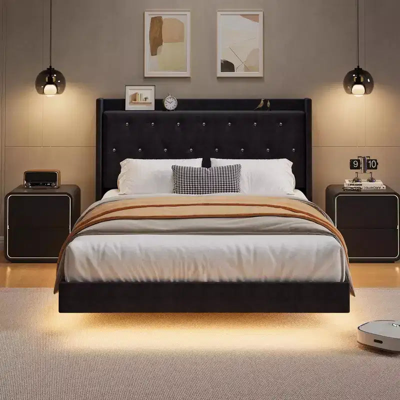 Lit flottant avec tête de lit capitonnée en velours et rangement pour chambre d'appartement, aucun sommier tapissier requis, silencieux