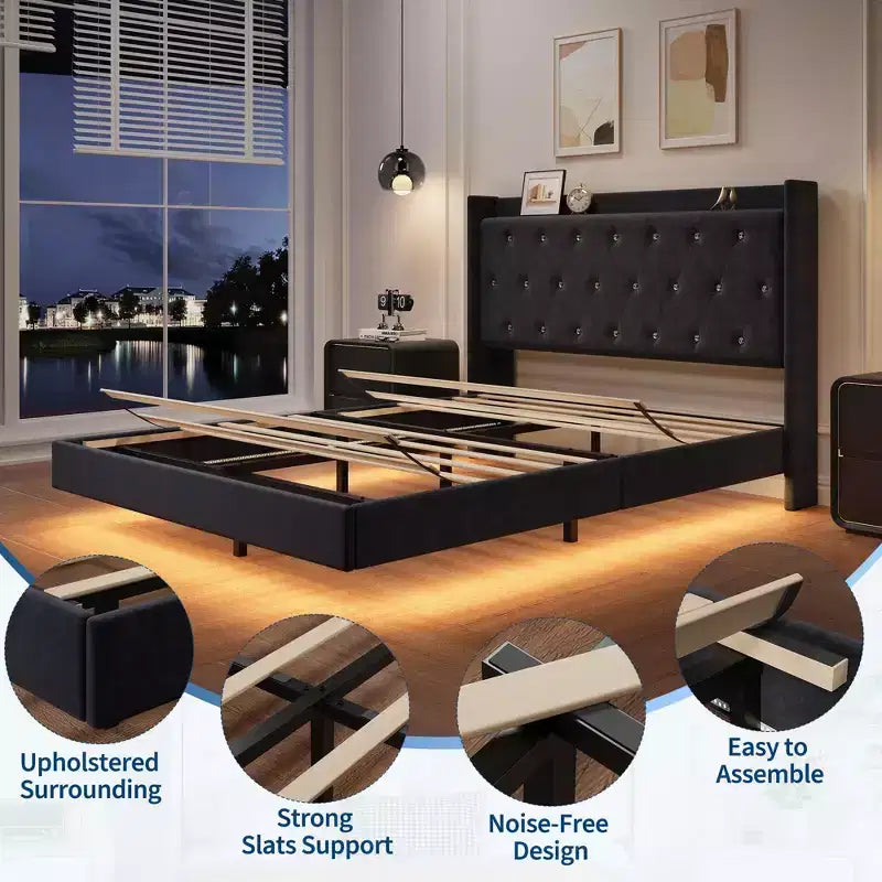 Lit flottant avec tête de lit capitonnée en velours et rangement pour chambre d'appartement, aucun sommier tapissier requis, silencieux
