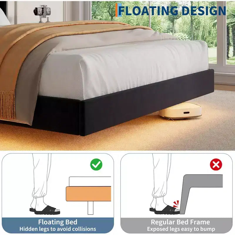 Lit flottant avec tête de lit capitonnée en velours et rangement pour chambre d'appartement, aucun sommier tapissier requis, silencieux