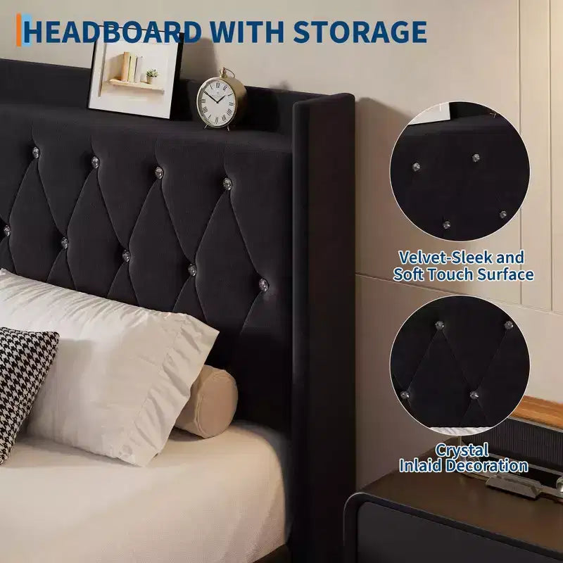Lit flottant avec tête de lit capitonnée en velours et rangement pour chambre d'appartement, aucun sommier tapissier requis, silencieux