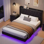 Lit flottant avec tête de lit capitonnée en velours et rangement pour chambre d'appartement, aucun sommier tapissier requis, silencieux
