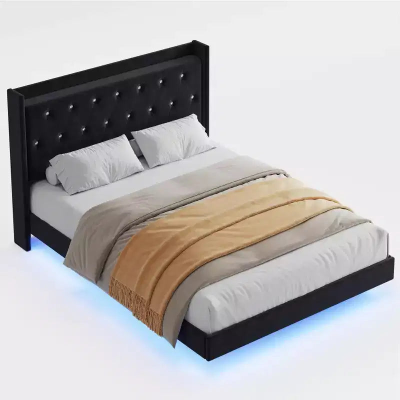 Lit flottant avec tête de lit capitonnée en velours et rangement pour chambre d'appartement, aucun sommier tapissier requis, silencieux