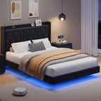 Floating Bed with Velvet Upholstered Storage Headboard for Apartment Bedroom, No Box Spring Needed, Noise Free