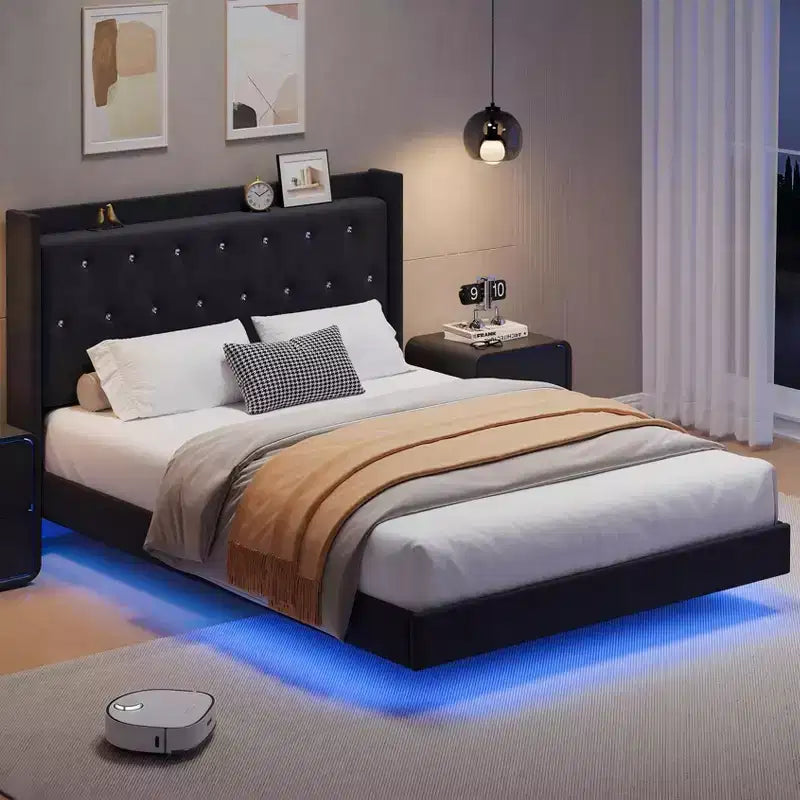 Floating Bed with Velvet Upholstered Storage Headboard for Apartment Bedroom, No Box Spring Needed, Noise Free