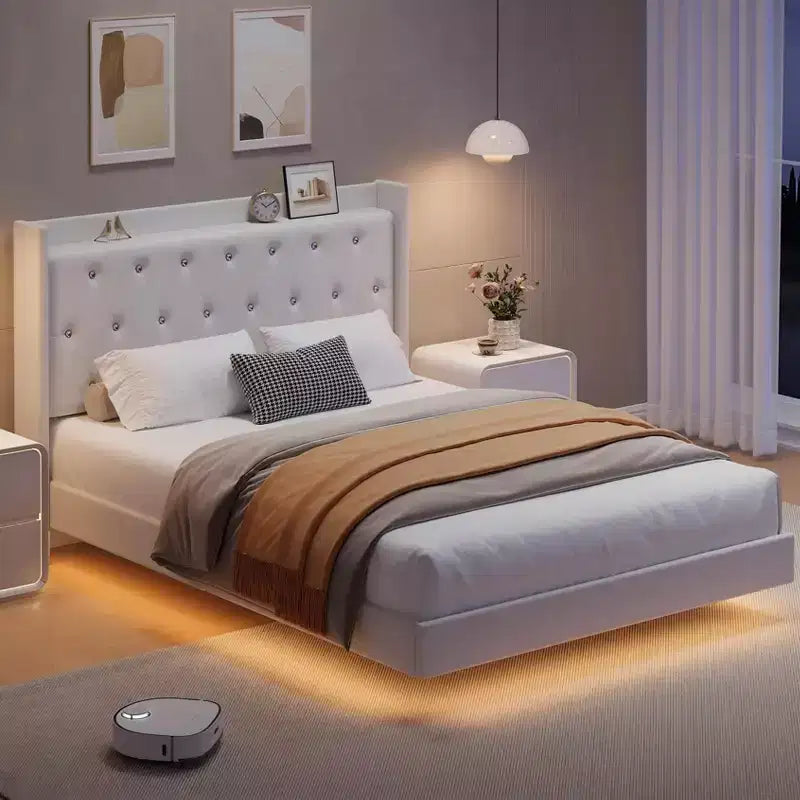 Lit flottant avec tête de lit capitonnée en velours et rangement pour chambre d'appartement, aucun sommier tapissier requis, silencieux