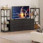 Meuble TV commode à 9 tiroirs en tissu, grand meuble de divertissement avec 2 étagères industrielles à 4 niveaux, meuble TV console moderne pour salon