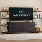 Meuble TV commode à 9 tiroirs en tissu, grand meuble de divertissement avec 2 étagères industrielles à 4 niveaux, meuble TV console moderne pour salon