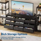 Meuble TV commode à 9 tiroirs en tissu, grand meuble de divertissement avec 2 étagères industrielles à 4 niveaux, meuble TV console moderne pour salon