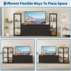 Meuble TV commode à 9 tiroirs en tissu, grand meuble de divertissement avec 2 étagères industrielles à 4 niveaux, meuble TV console moderne pour salon