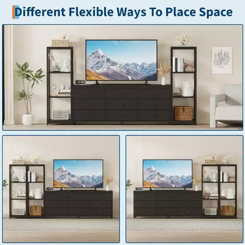 Meuble TV commode à 9 tiroirs en tissu, grand meuble de divertissement avec 2 étagères industrielles à 4 niveaux, meuble TV console moderne pour salon