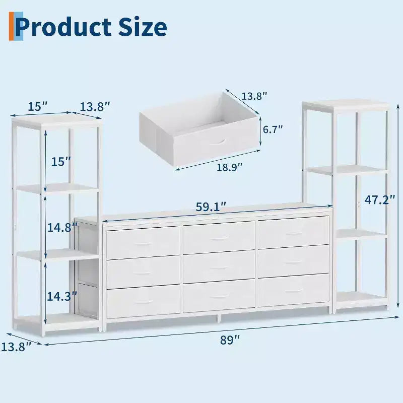Meuble TV commode à 9 tiroirs en tissu, grand meuble de divertissement avec 2 étagères industrielles à 4 niveaux, meuble TV console moderne pour salon