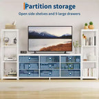 Meuble TV commode à 9 tiroirs en tissu, grand meuble de divertissement avec 2 étagères industrielles à 4 niveaux, meuble TV console moderne pour salon