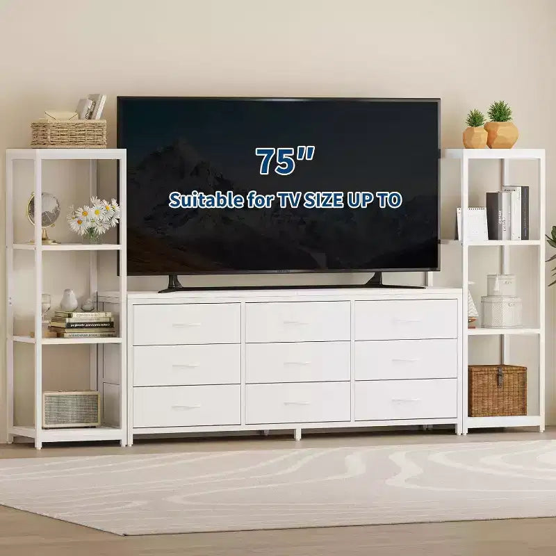 Meuble TV commode à 9 tiroirs en tissu, grand meuble de divertissement avec 2 étagères industrielles à 4 niveaux, meuble TV console moderne pour salon