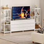 Meuble TV commode à 9 tiroirs en tissu, grand meuble de divertissement avec 2 étagères industrielles à 4 niveaux, meuble TV console moderne pour salon