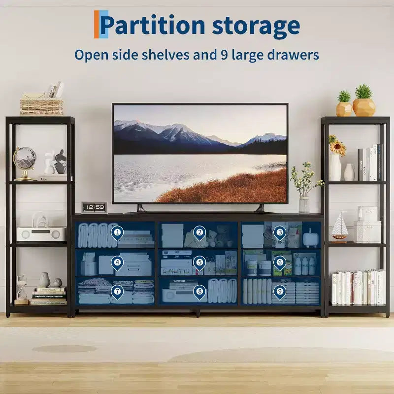 Meuble TV commode à 9 tiroirs en tissu, grand meuble de divertissement avec 2 étagères industrielles à 4 niveaux, meuble TV console moderne pour salon