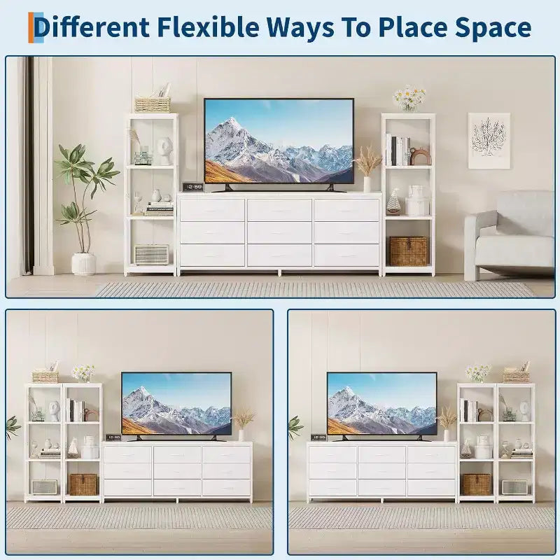 Meuble TV commode à 9 tiroirs en tissu, grand meuble de divertissement avec 2 étagères industrielles à 4 niveaux, meuble TV console moderne pour salon
