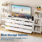 Meuble TV commode à 9 tiroirs en tissu, grand meuble de divertissement avec 2 étagères industrielles à 4 niveaux, meuble TV console moderne pour salon