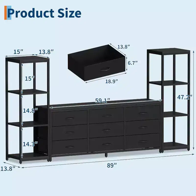Meuble TV commode à 9 tiroirs en tissu, grand meuble de divertissement avec 2 étagères industrielles à 4 niveaux, meuble TV console moderne pour salon