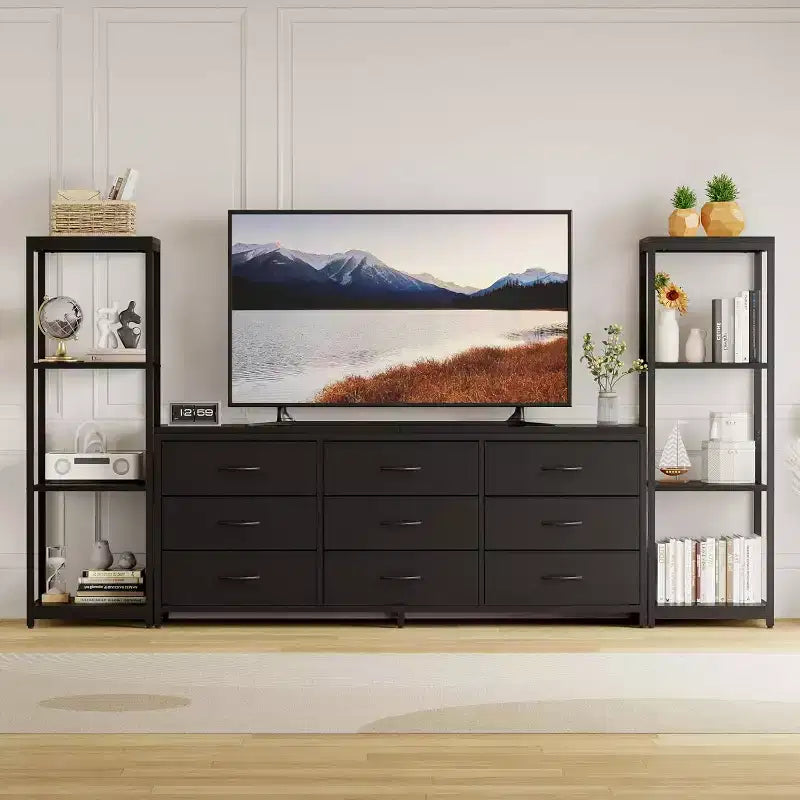 TV Stands Dresser with 9 Fabric Drawers, Large Entertainment Center with 2 Industrial 4-Tier Shelves, Modern TV Console Cabinet for Living Room
