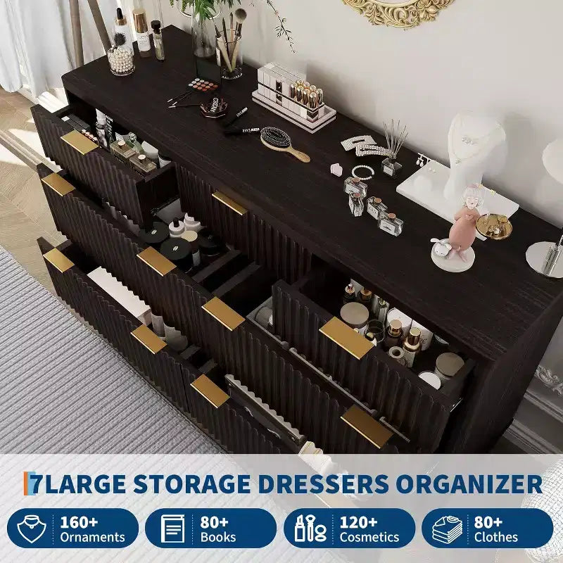 Commode de chambre à 7 tiroirs cannelés, commode moderne de 137 cm de large, meuble de rangement en bois pour chambre, salon, couloir