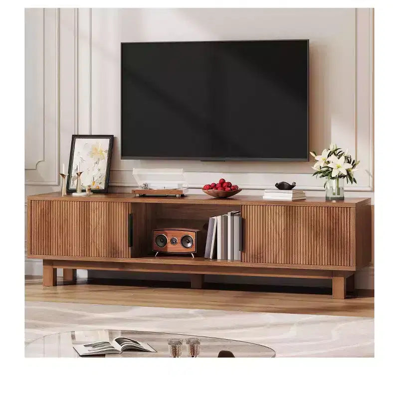 Fluted TV Stands for TVs up to 65 Inches, Entertainment Center with Power Outlets & Storage , Wooden TV Console for Living Room, Walnut