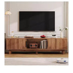 Meuble TV cannelé pour téléviseurs jusqu'à 65 pouces, meuble de divertissement avec prises de courant et rangement, console TV en bois pour salon, noyer