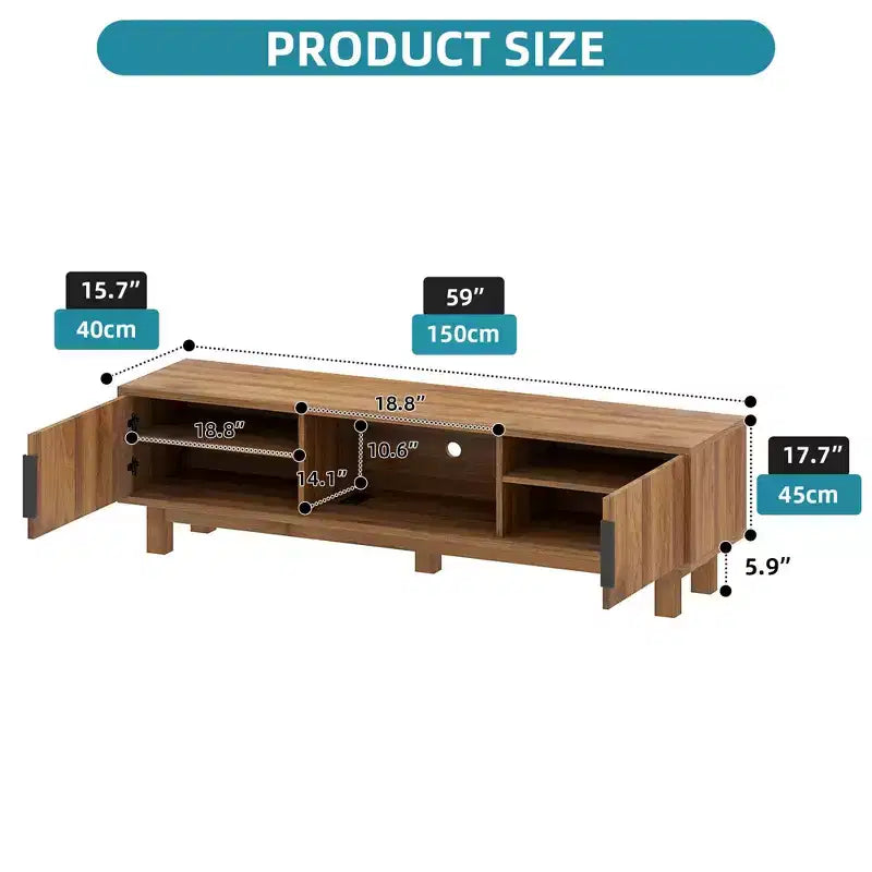 Meuble TV cannelé pour téléviseurs jusqu'à 65 pouces, meuble de divertissement avec prises de courant et rangement, console TV en bois pour salon, noyer
