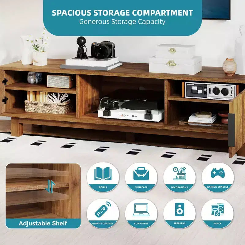 Meuble TV cannelé pour téléviseurs jusqu'à 65 pouces, meuble de divertissement avec prises de courant et rangement, console TV en bois pour salon, noyer