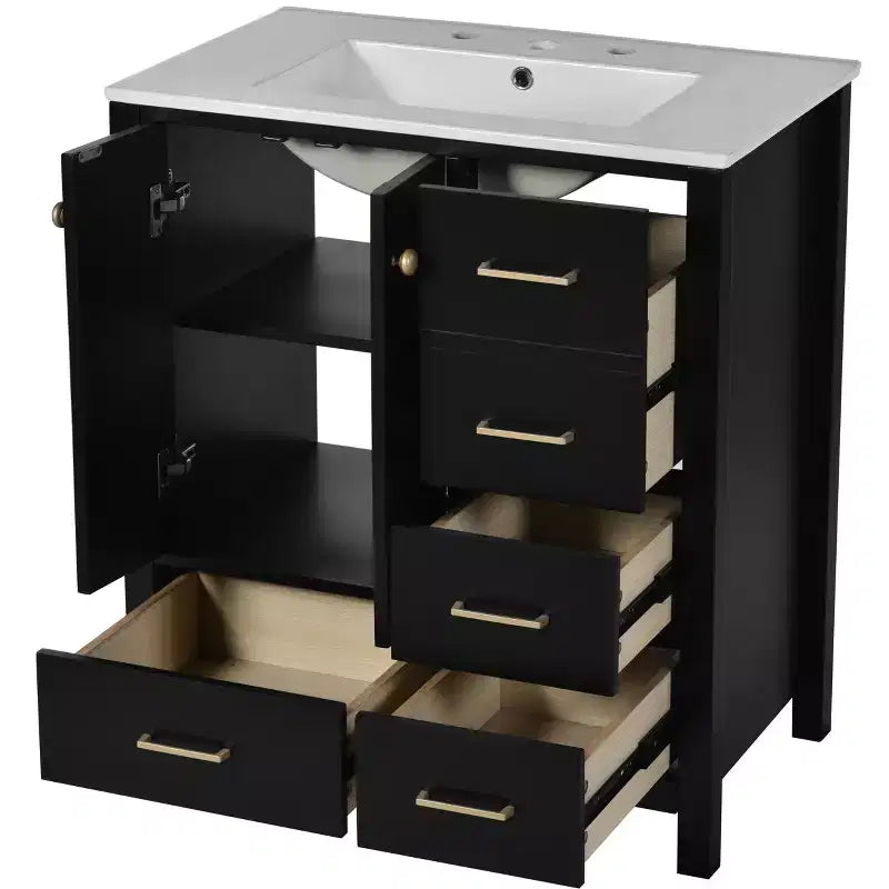 Meuble sous-vasque de salle de bain de 76 cm avec lavabo, Meuble de rangement de salle de bain avec tiroirs, Meuble sous-vasque simple avec portes à fermeture douce