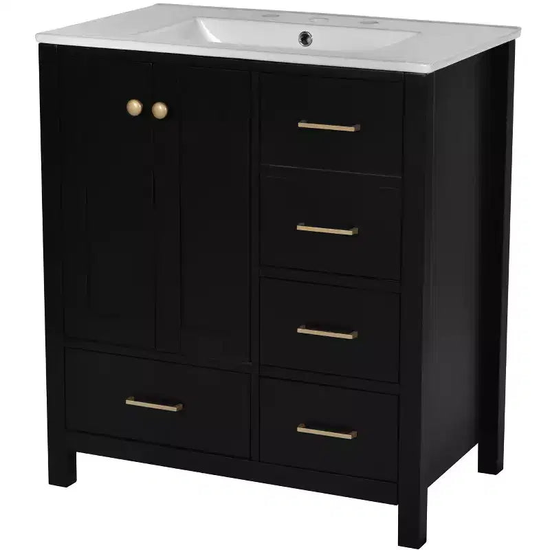 Meuble sous-vasque de salle de bain de 76 cm avec lavabo, Meuble de rangement de salle de bain avec tiroirs, Meuble sous-vasque simple avec portes à fermeture douce