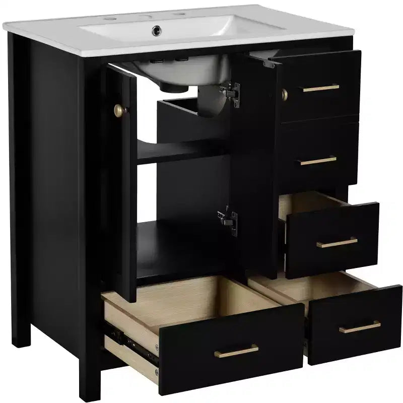 Meuble sous-vasque de salle de bain de 76 cm avec lavabo, Meuble de rangement de salle de bain avec tiroirs, Meuble sous-vasque simple avec portes à fermeture douce