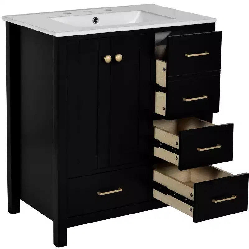 Meuble sous-vasque de salle de bain de 76 cm avec lavabo, Meuble de rangement de salle de bain avec tiroirs, Meuble sous-vasque simple avec portes à fermeture douce
