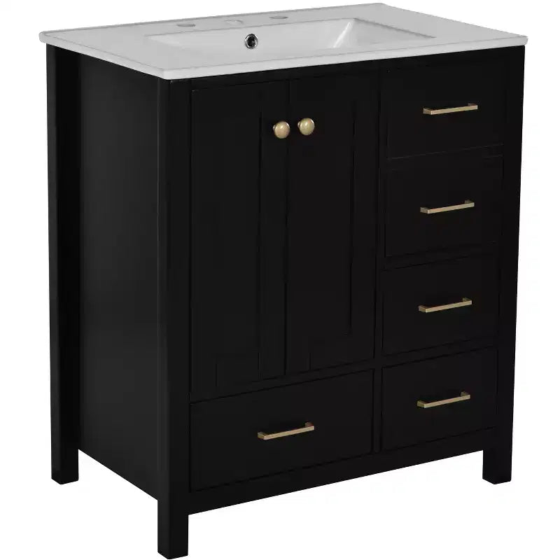 Meuble sous-vasque de salle de bain de 76 cm avec lavabo, Meuble de rangement de salle de bain avec tiroirs, Meuble sous-vasque simple avec portes à fermeture douce