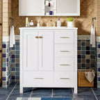 Meuble sous-vasque de salle de bain de 76 cm avec lavabo, Meuble de rangement de salle de bain avec tiroirs, Meuble sous-vasque simple avec portes à fermeture douce