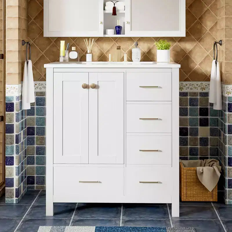 Meuble sous-vasque de salle de bain de 76 cm avec lavabo, Meuble de rangement de salle de bain avec tiroirs, Meuble sous-vasque simple avec portes à fermeture douce