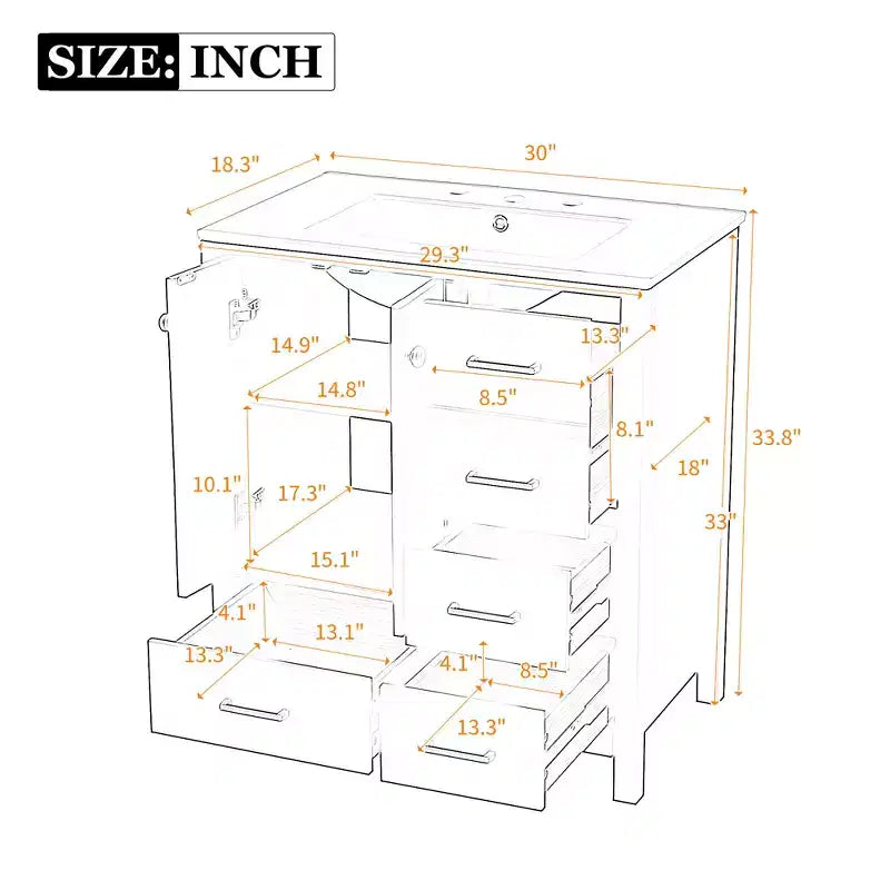 Meuble sous-vasque de salle de bain de 76 cm avec lavabo, Meuble de rangement de salle de bain avec tiroirs, Meuble sous-vasque simple avec portes à fermeture douce