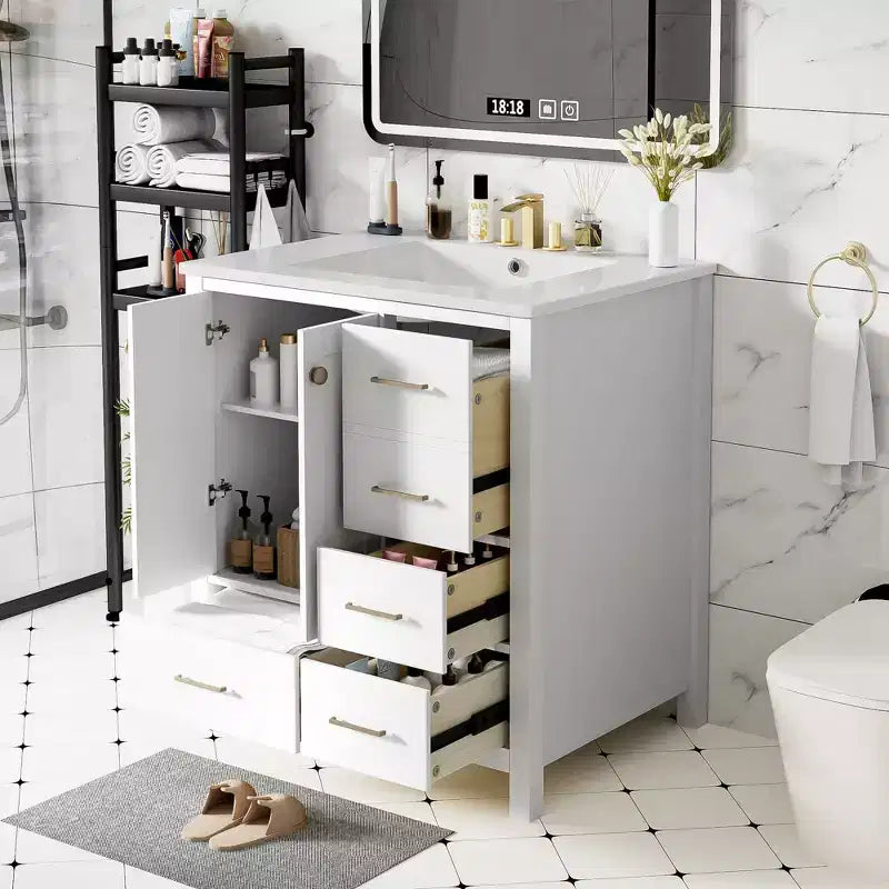 Meuble sous-vasque de salle de bain de 76 cm avec lavabo, Meuble de rangement de salle de bain avec tiroirs, Meuble sous-vasque simple avec portes à fermeture douce