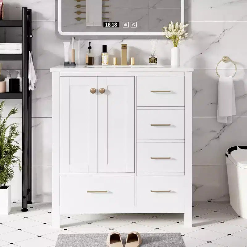 Meuble sous-vasque de salle de bain de 76 cm avec lavabo, Meuble de rangement de salle de bain avec tiroirs, Meuble sous-vasque simple avec portes à fermeture douce