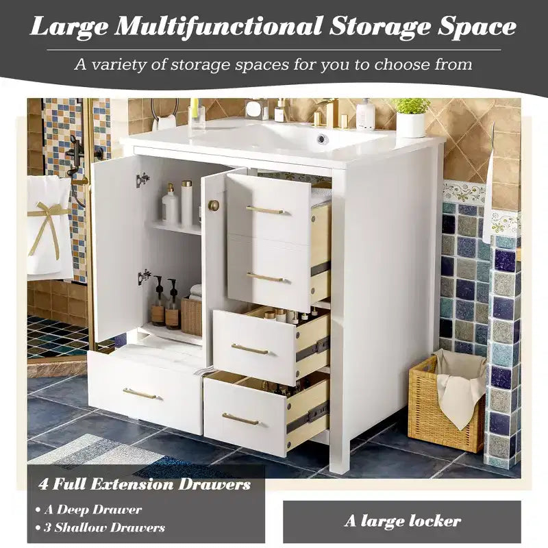 Meuble sous-vasque de salle de bain de 76 cm avec lavabo, Meuble de rangement de salle de bain avec tiroirs, Meuble sous-vasque simple avec portes à fermeture douce